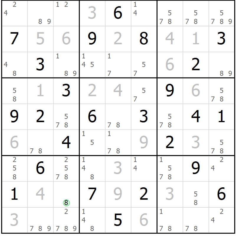 Position des candidats pour la solution de la Gr 28 page 31 du magazine de sudoku Maestro n° 104