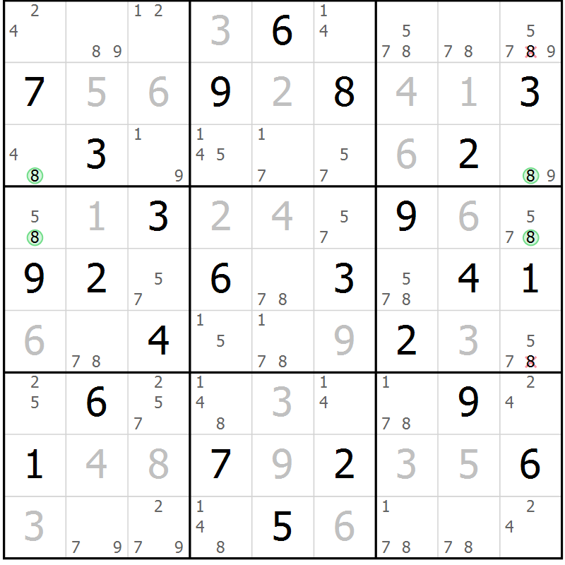 Position des candidats pour la solution de la Gr 28 page 31 du magazine de sudoku Maestro n° 104