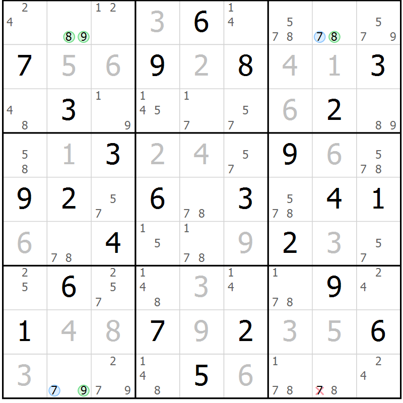 Position des candidats pour la solution de la Gr 28 page 31 du magazine de sudoku Maestro n° 104