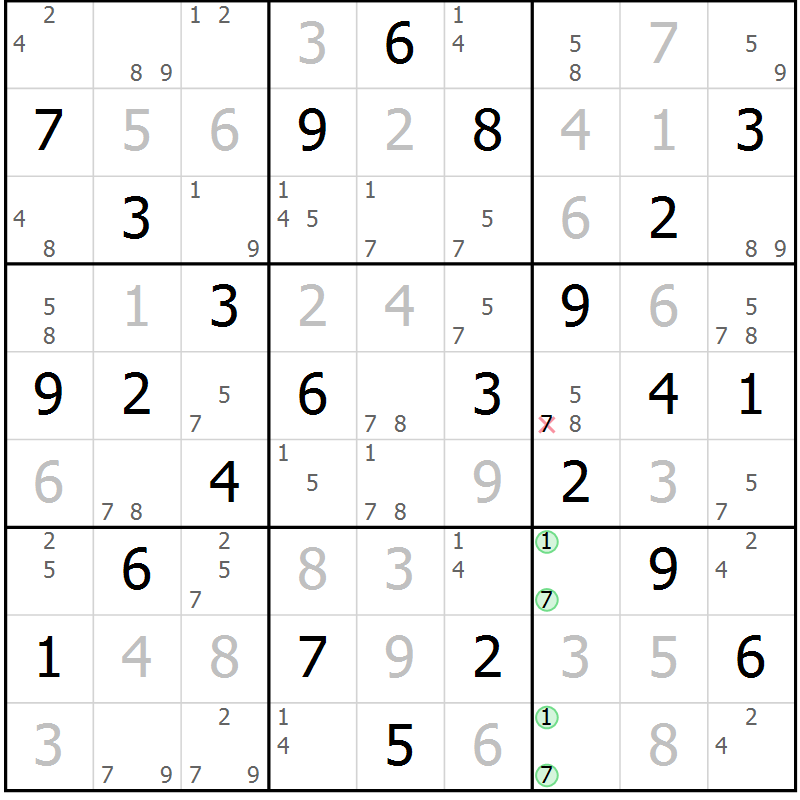 Position des candidats pour la solution de la Gr 28 page 31 du magazine de sudoku Maestro n° 104
