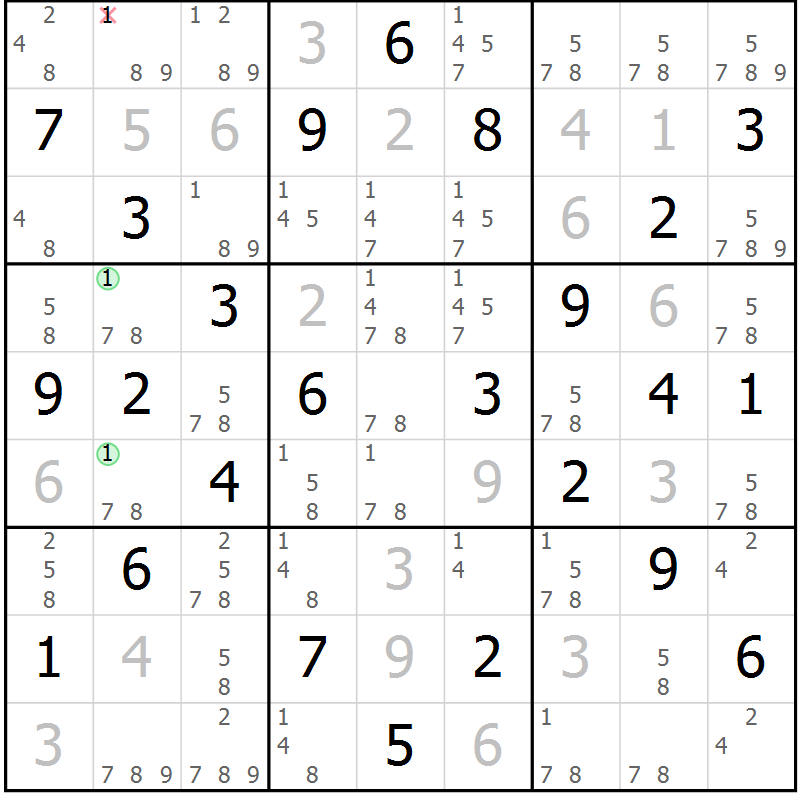 Position des candidats pour la solution de la Gr 28 page 31 du magazine de sudoku Maestro n° 104