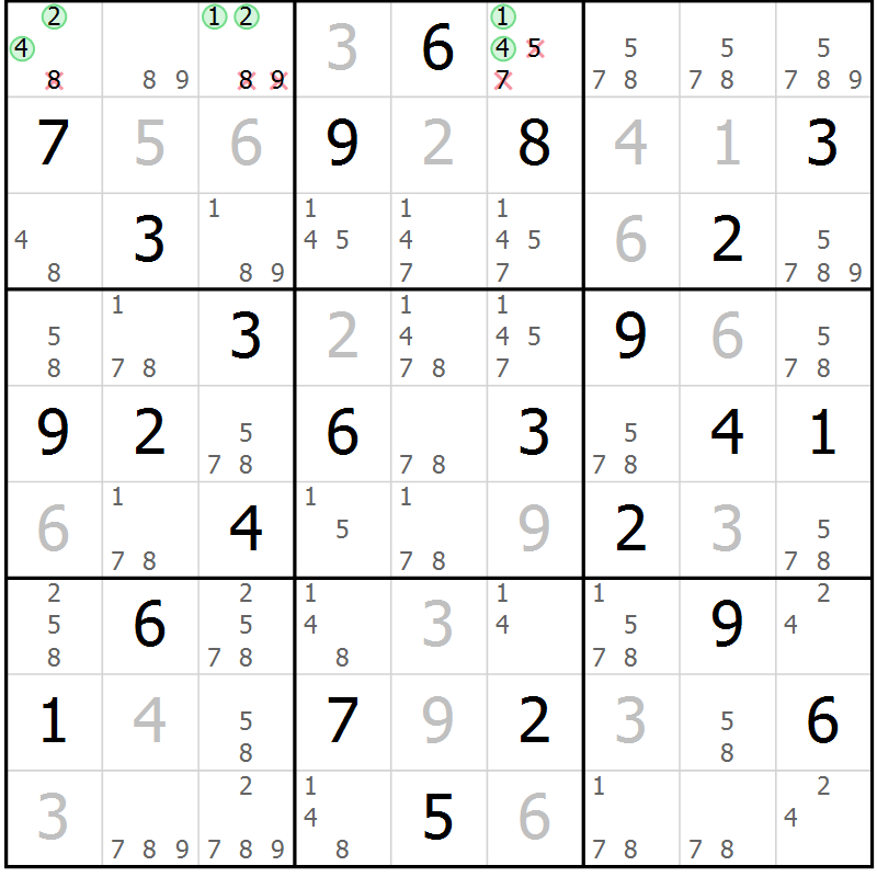 Position des candidats pour la solution de la Gr 28 page 31 du magazine de sudoku Maestro n° 104