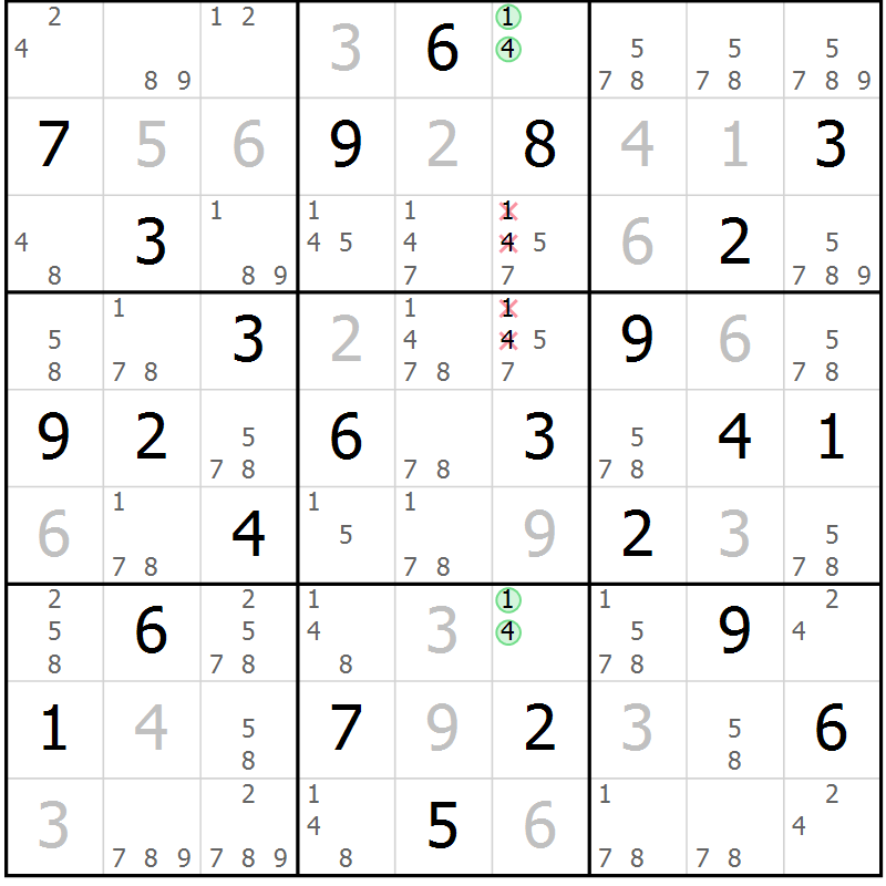 Position des candidats pour la solution de la Gr 28 page 31 du magazine de sudoku Maestro n° 104