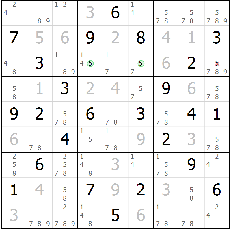 Position des candidats pour la solution de la Gr 28 page 31 du magazine de sudoku Maestro n° 104
