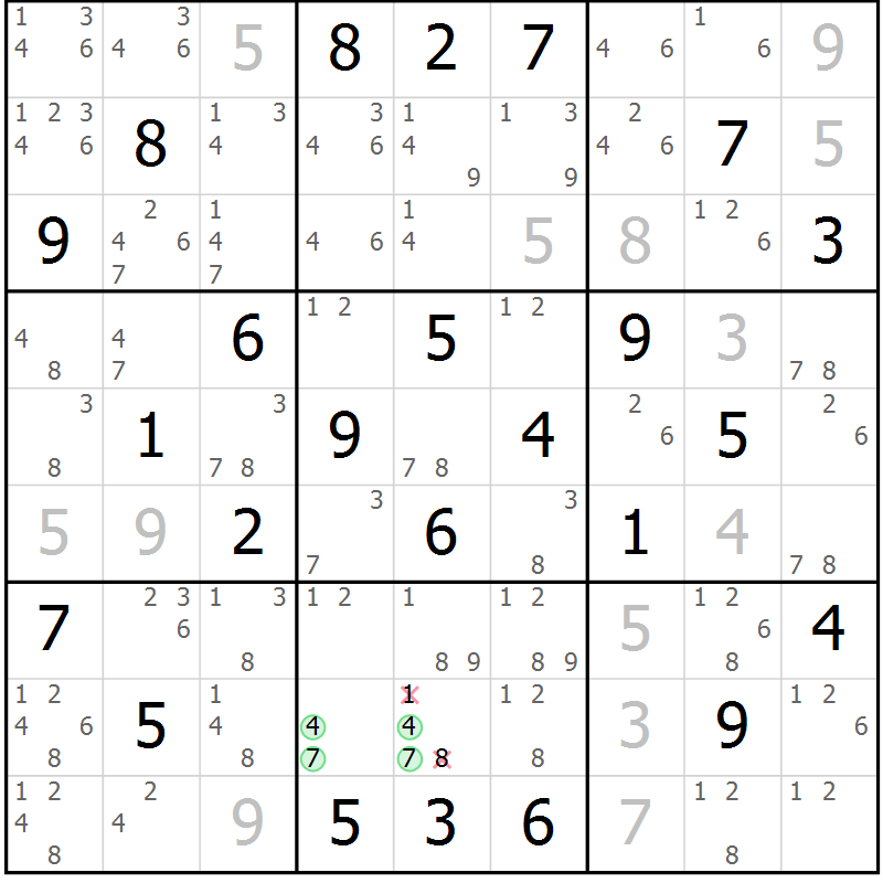 Position des candidats pour la solution de la Gr 29 page 32 du magazine de sudoku Maestro n° 104