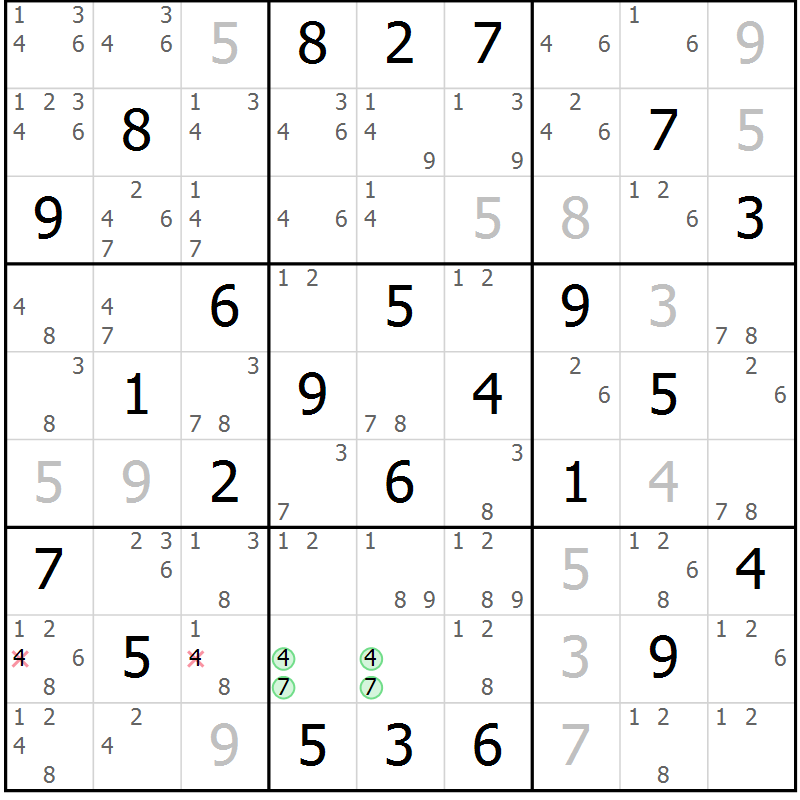 Position des candidats pour la solution de la Gr 29 page 32 du magazine de sudoku Maestro n° 104