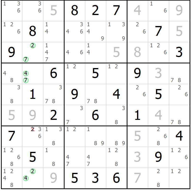 Position des candidats pour la solution de la Gr 29 page 32 du magazine de sudoku Maestro n° 104