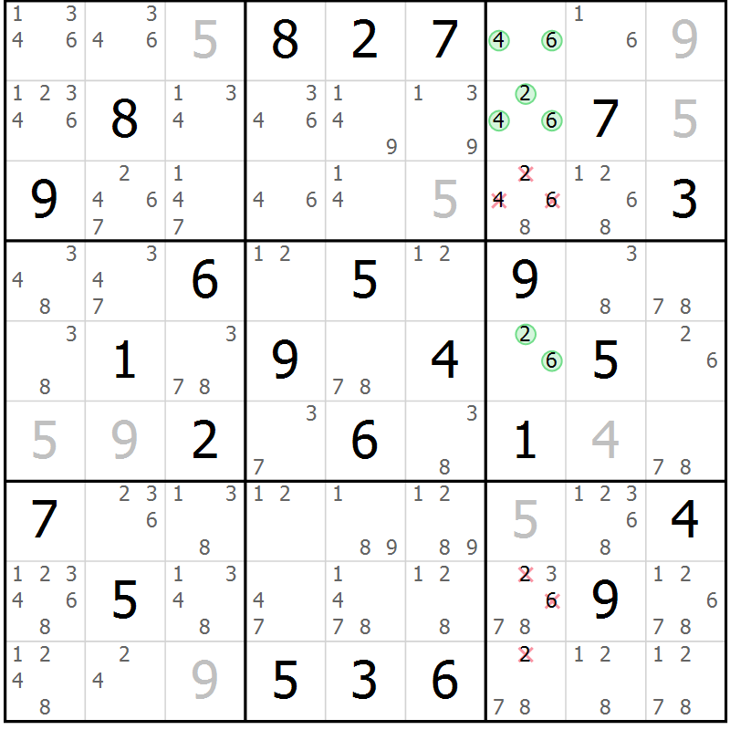 Position des candidats pour la solution de la Gr 29 page 32 du magazine de sudoku Maestro n° 104