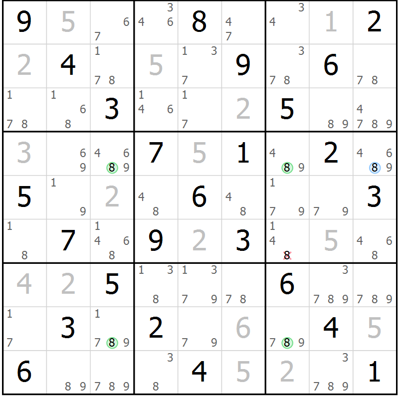 Position des candidats pour la solution de la Gr 3 page 6 du magazine de sudoku Maestro n° 104