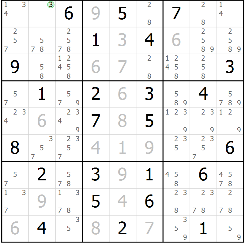 Position des candidats pour la solution de la Gr 30 page 33 du magazine de sudoku Maestro n° 104
