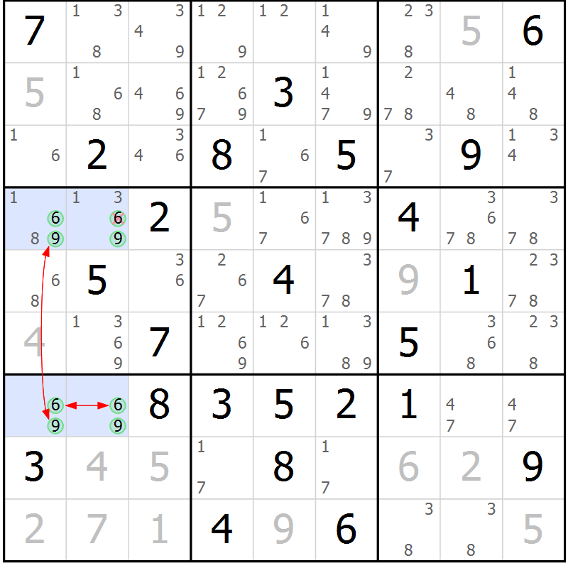 Position des candidats pour la solution de la Gr 31 page 34 du magazine de sudoku Maestro n° 104