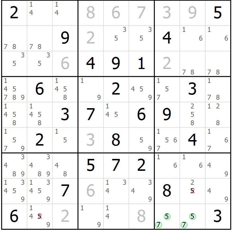 Position des candidats pour la solution de la Gr 32 page 35 du magazine de sudoku Maestro n° 104