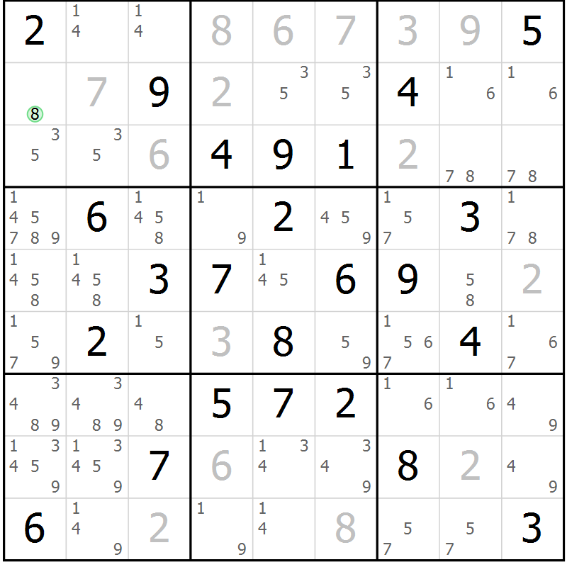 Position des candidats pour la solution de la Gr 32 page 35 du magazine de sudoku Maestro n° 104