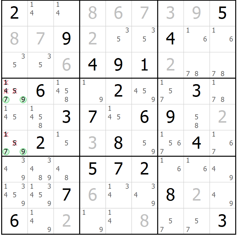 Position des candidats pour la solution de la Gr 32 page 35 du magazine de sudoku Maestro n° 104