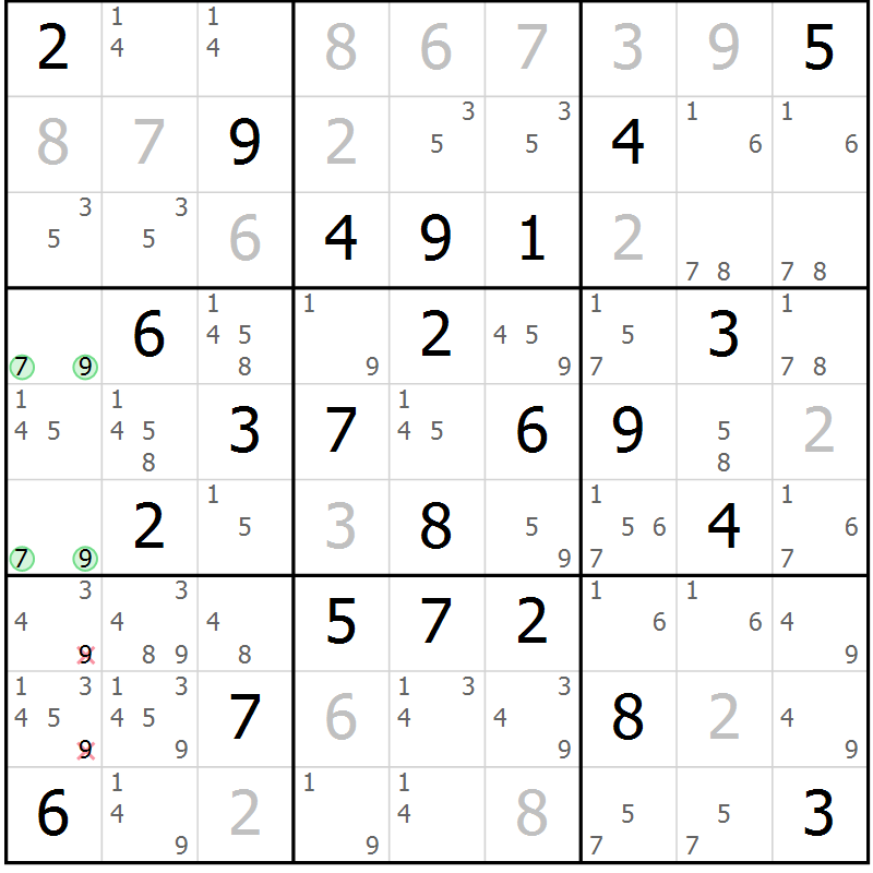 Position des candidats pour la solution de la Gr 32 page 35 du magazine de sudoku Maestro n° 104