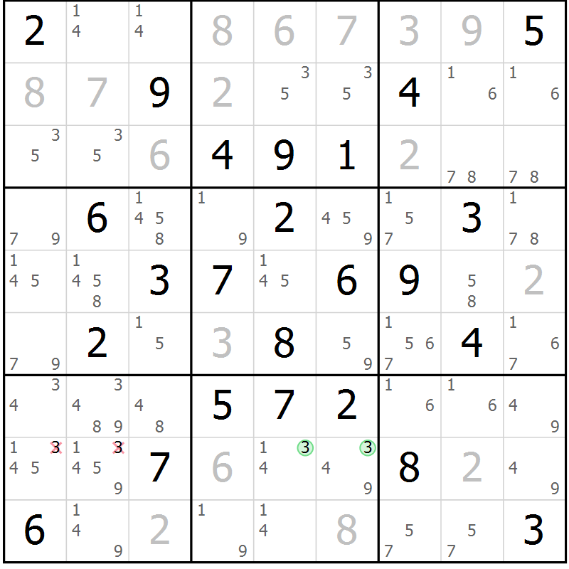 Position des candidats pour la solution de la Gr 32 page 35 du magazine de sudoku Maestro n° 104