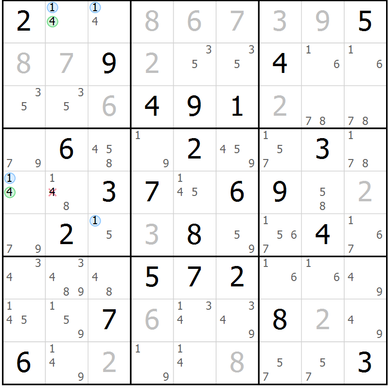 Position des candidats pour la solution de la Gr 32 page 35 du magazine de sudoku Maestro n° 104