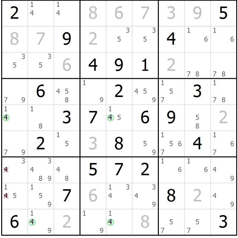 Position des candidats pour la solution de la Gr 32 page 35 du magazine de sudoku Maestro n° 104