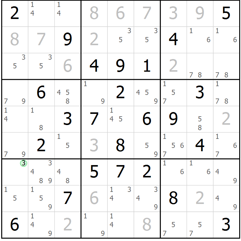 Position des candidats pour la solution de la Gr 32 page 35 du magazine de sudoku Maestro n° 104