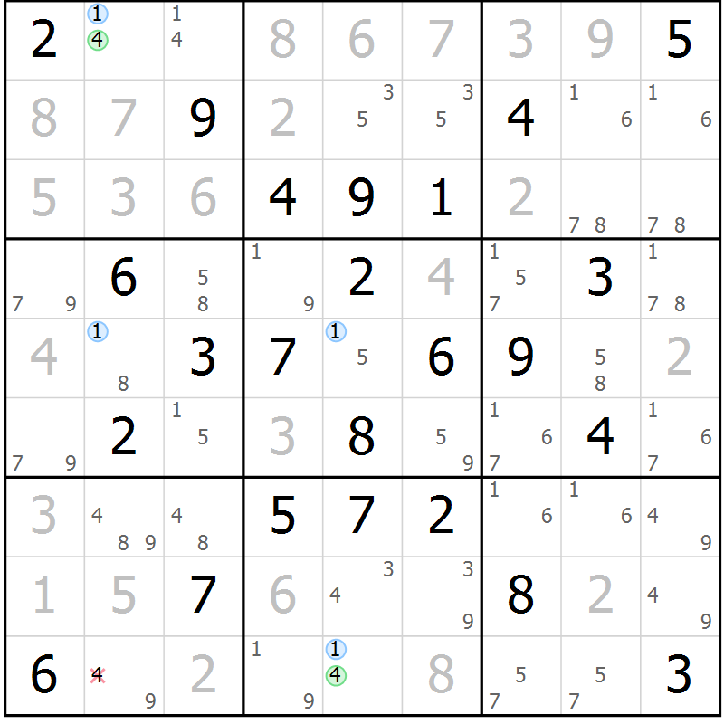 Position des candidats pour la solution de la Gr 32 page 35 du magazine de sudoku Maestro n° 104