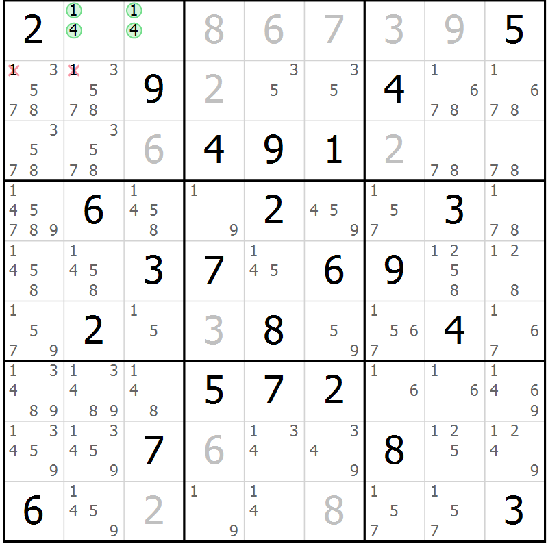 Position des candidats pour la solution de la Gr 32 page 35 du magazine de sudoku Maestro n° 104