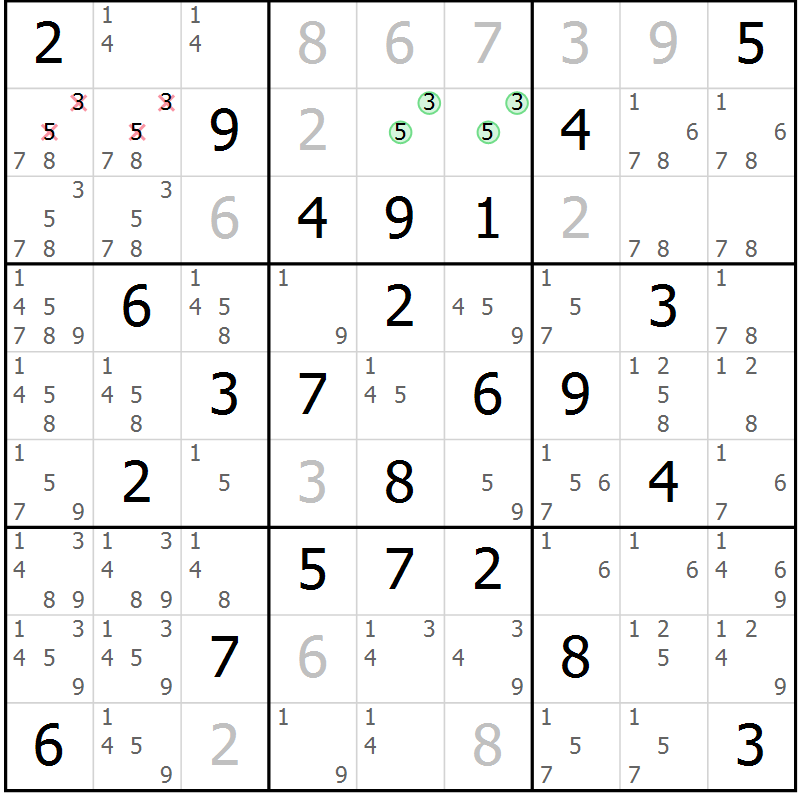Position des candidats pour la solution de la Gr 32 page 35 du magazine de sudoku Maestro n° 104
