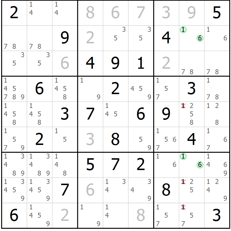Position des candidats pour la solution de la Gr 32 page 35 du magazine de sudoku Maestro n° 104