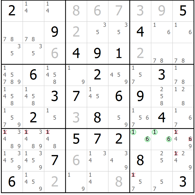 Position des candidats pour la solution de la Gr 32 page 35 du magazine de sudoku Maestro n° 104