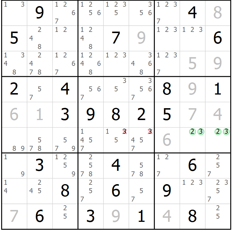 Position des candidats pour la solution de la Gr 33 page 36 du magazine de sudoku Maestro n° 104