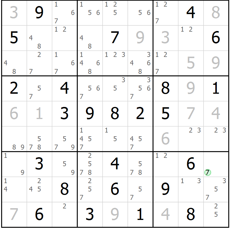 Position des candidats pour la solution de la Gr 33 page 36 du magazine de sudoku Maestro n° 104
