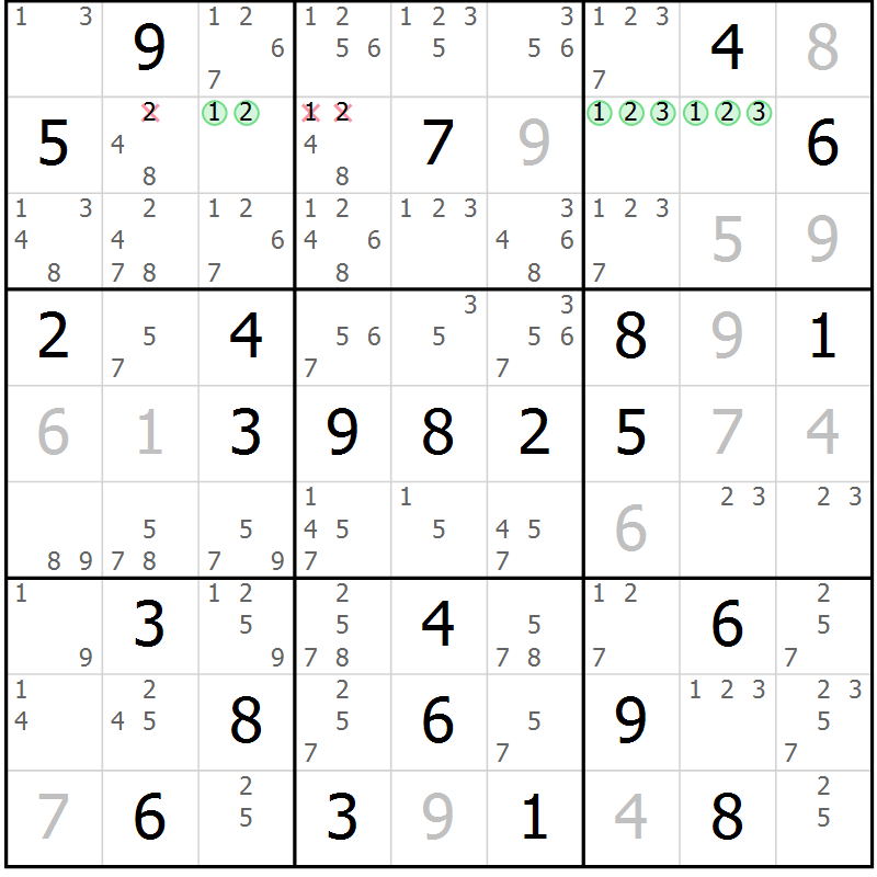 Position des candidats pour la solution de la Gr 33 page 36 du magazine de sudoku Maestro n° 104