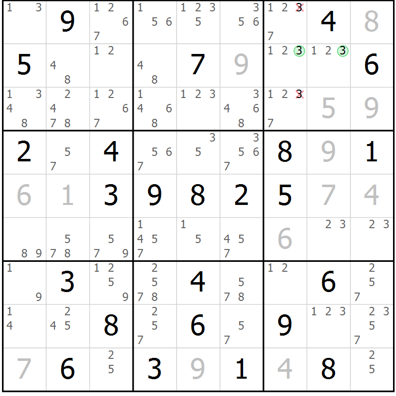 Position des candidats pour la solution de la Gr 33 page 36 du magazine de sudoku Maestro n° 104