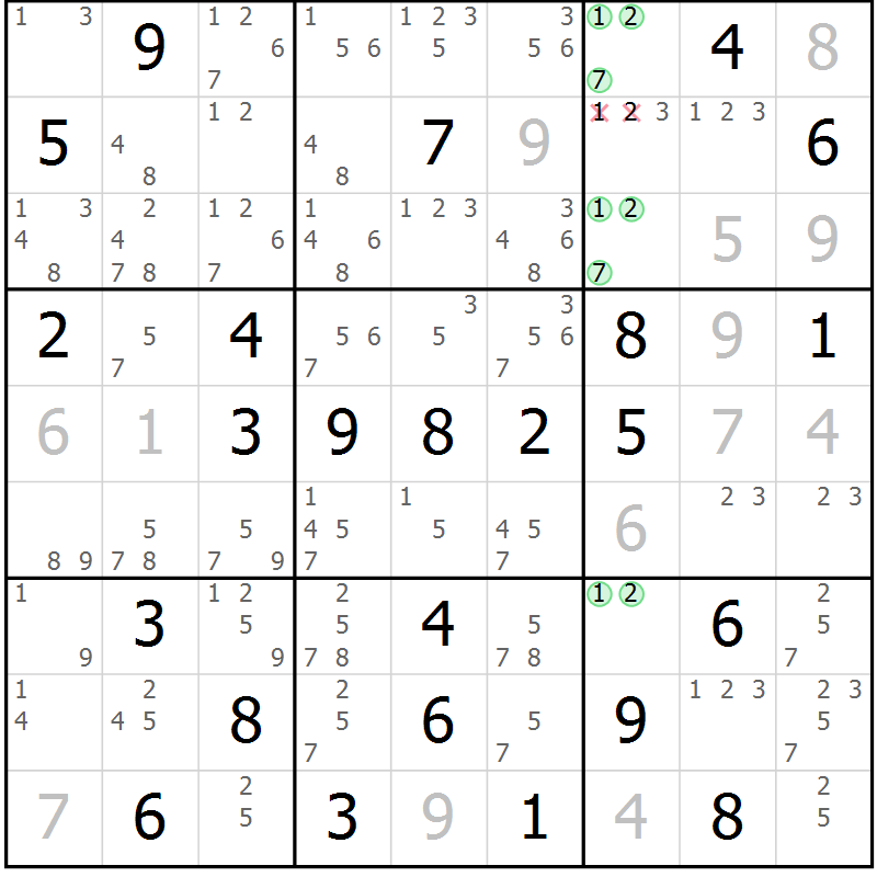 Position des candidats pour la solution de la Gr 33 page 36 du magazine de sudoku Maestro n° 104
