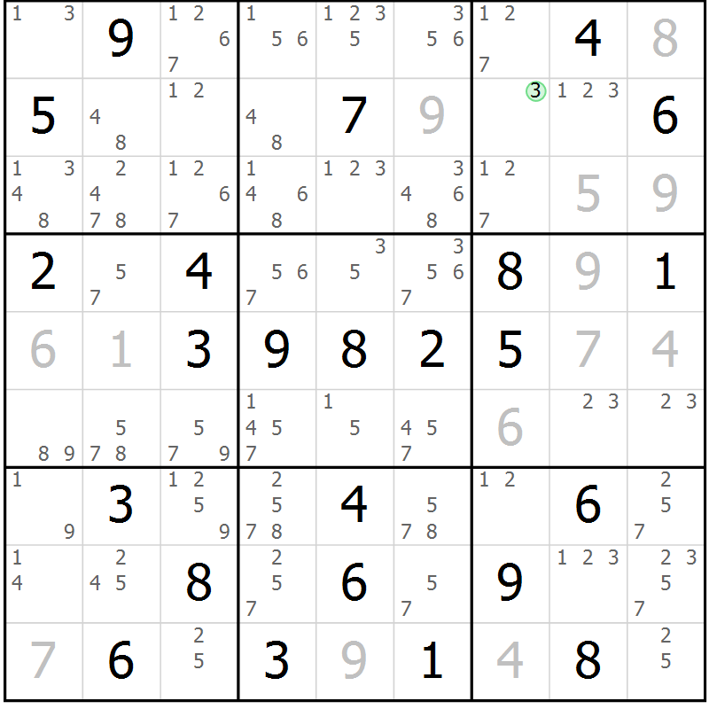 Position des candidats pour la solution de la Gr 33 page 36 du magazine de sudoku Maestro n° 104