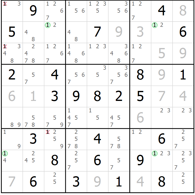 Position des candidats pour la solution de la Gr 33 page 36 du magazine de sudoku Maestro n° 104