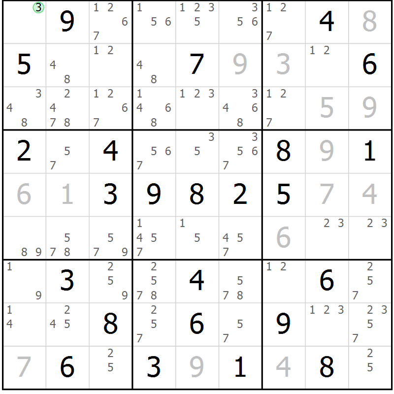 Position des candidats pour la solution de la Gr 33 page 36 du magazine de sudoku Maestro n° 104