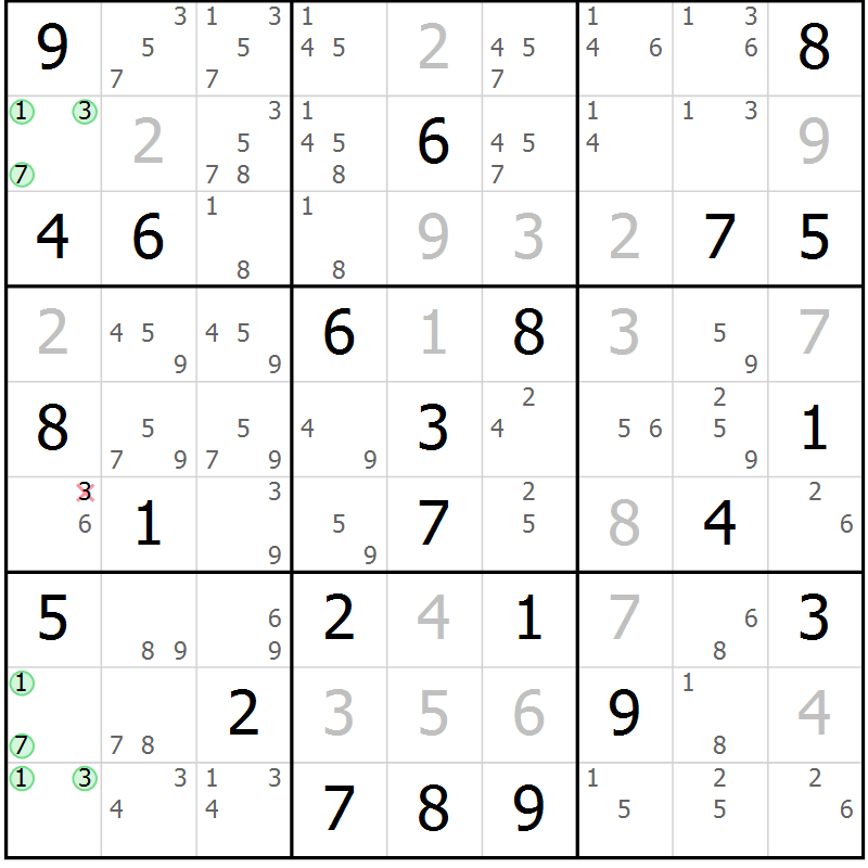 Position des candidats pour la solution de la Gr 34 page 37 du magazine de sudoku Maestro n° 104