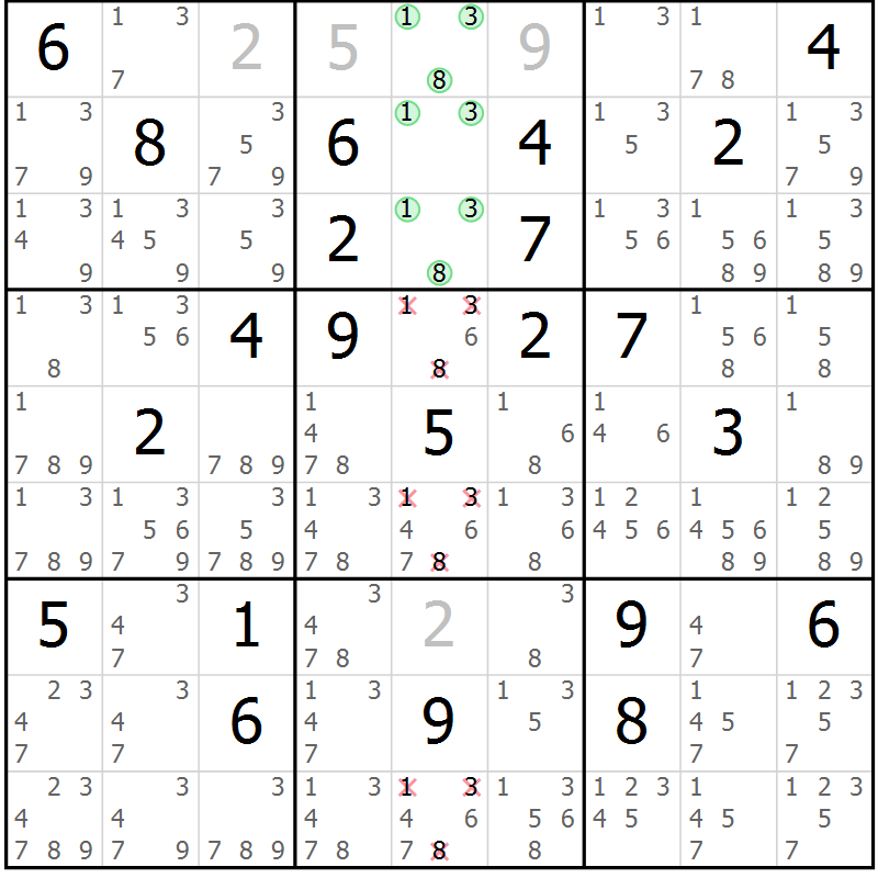 Position des candidats pour la solution de la Gr 35 page 38 du magazine de sudoku Maestro n° 104