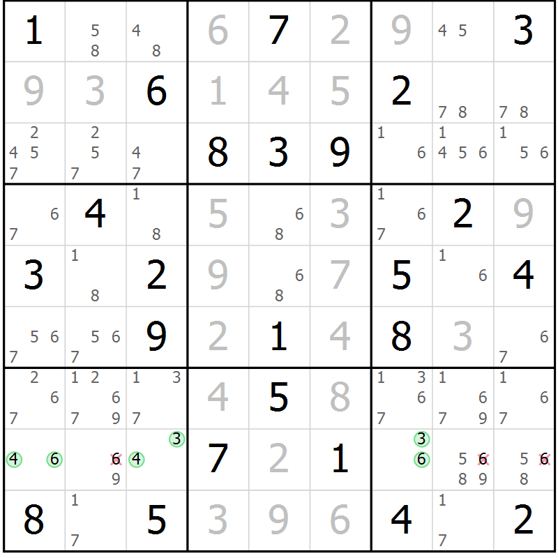 Position des candidats pour la solution de la Gr 36 page 39 du magazine de sudoku Maestro n° 104
