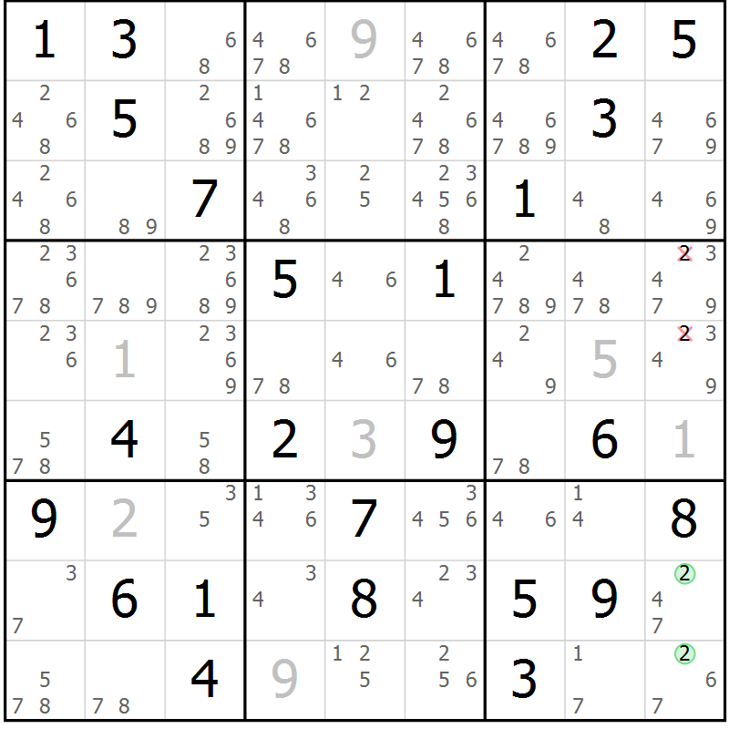 Position des candidats pour la solution de la Gr 39 page 42 du magazine de sudoku Maestro n° 104