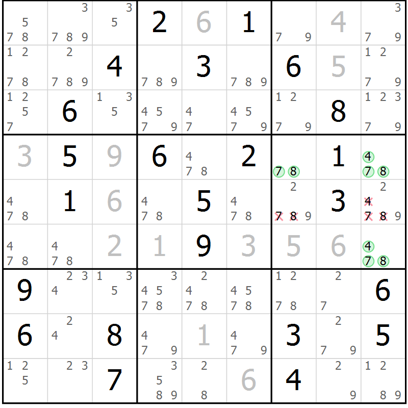 Position des candidats pour la solution de la Gr 40 page 43 du magazine de sudoku Maestro n° 104