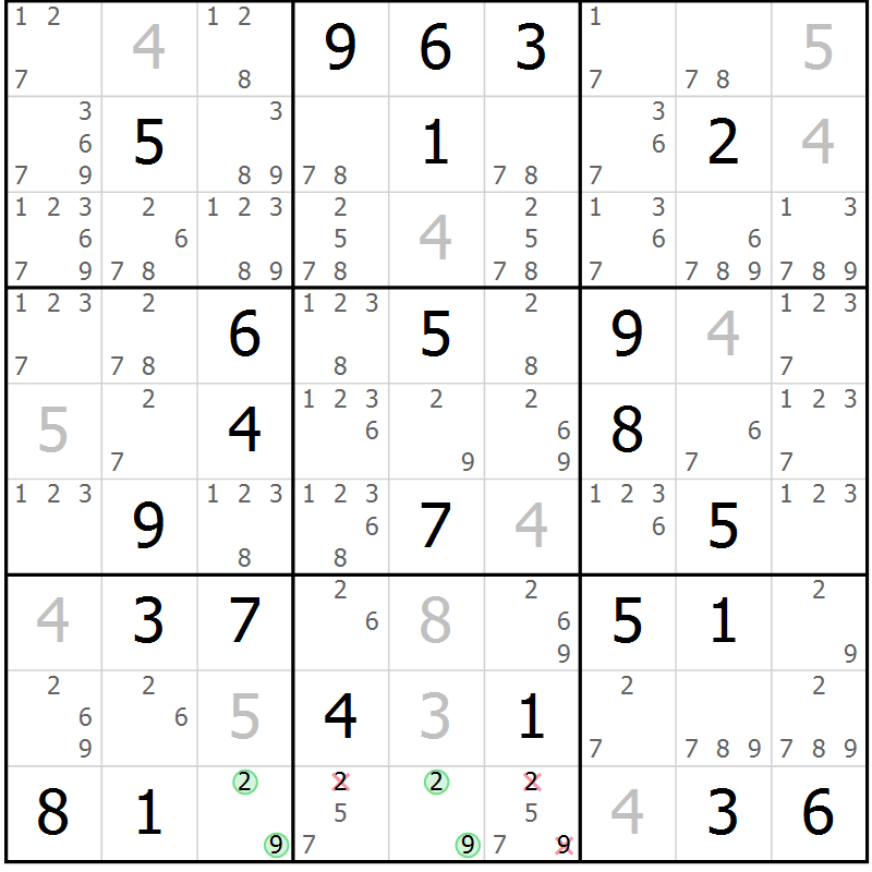 Position des candidats pour la solution de la Gr 42 page 45 du magazine de sudoku Maestro n° 104