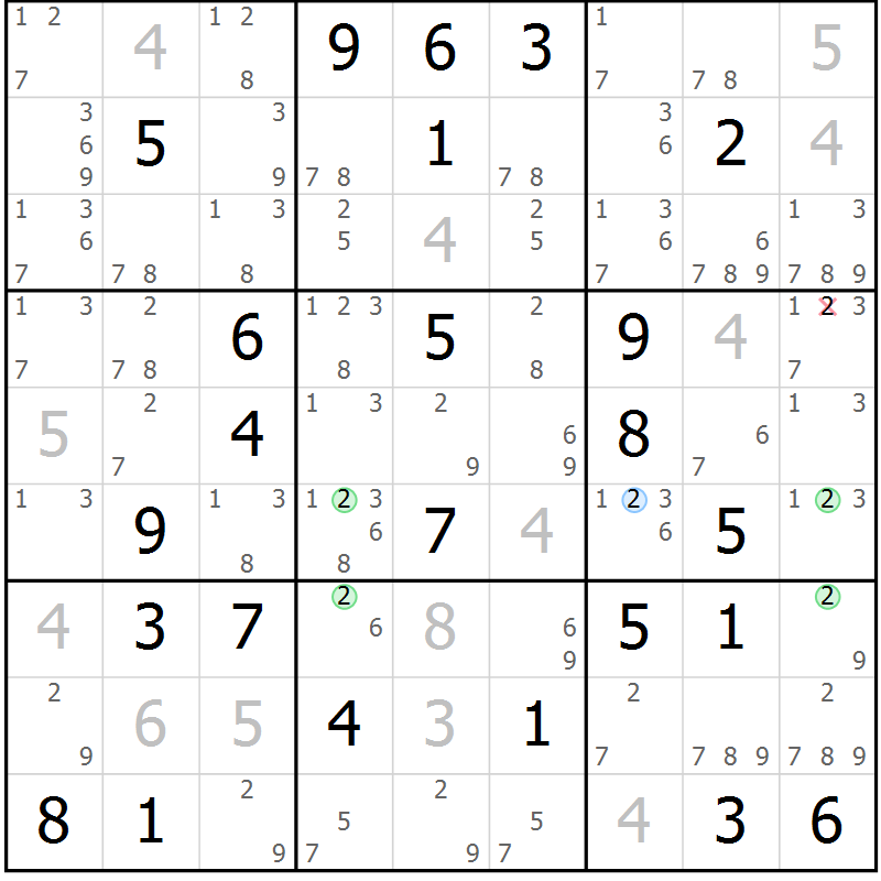 Position des candidats pour la solution de la Gr 42 page 45 du magazine de sudoku Maestro n° 104