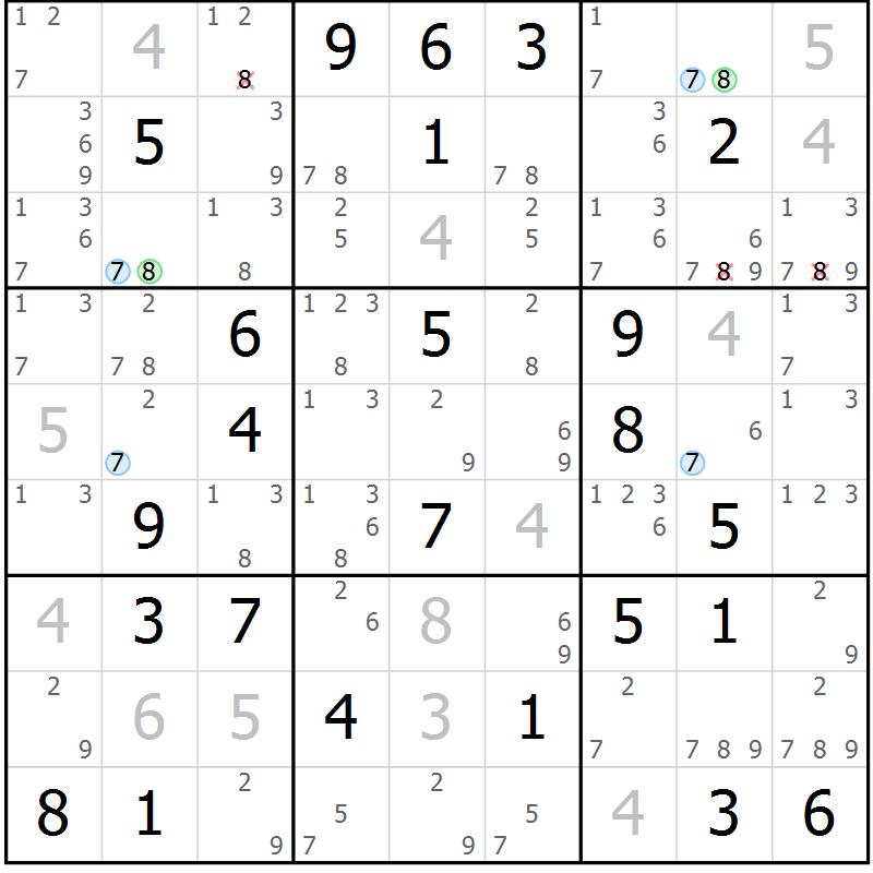 Position des candidats pour la solution de la Gr 42 page 45 du magazine de sudoku Maestro n° 104