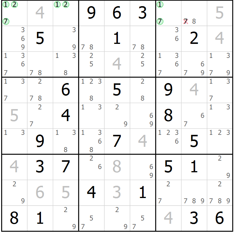 Position des candidats pour la solution de la Gr 42 page 45 du magazine de sudoku Maestro n° 104