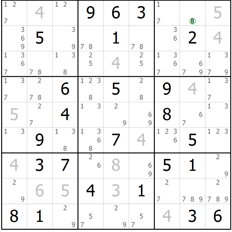 Position des candidats pour la solution de la Gr 42 page 45 du magazine de sudoku Maestro n° 104