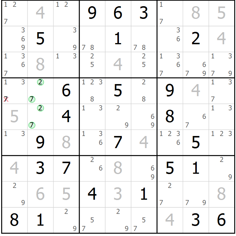 Position des candidats pour la solution de la Gr 42 page 45 du magazine de sudoku Maestro n° 104