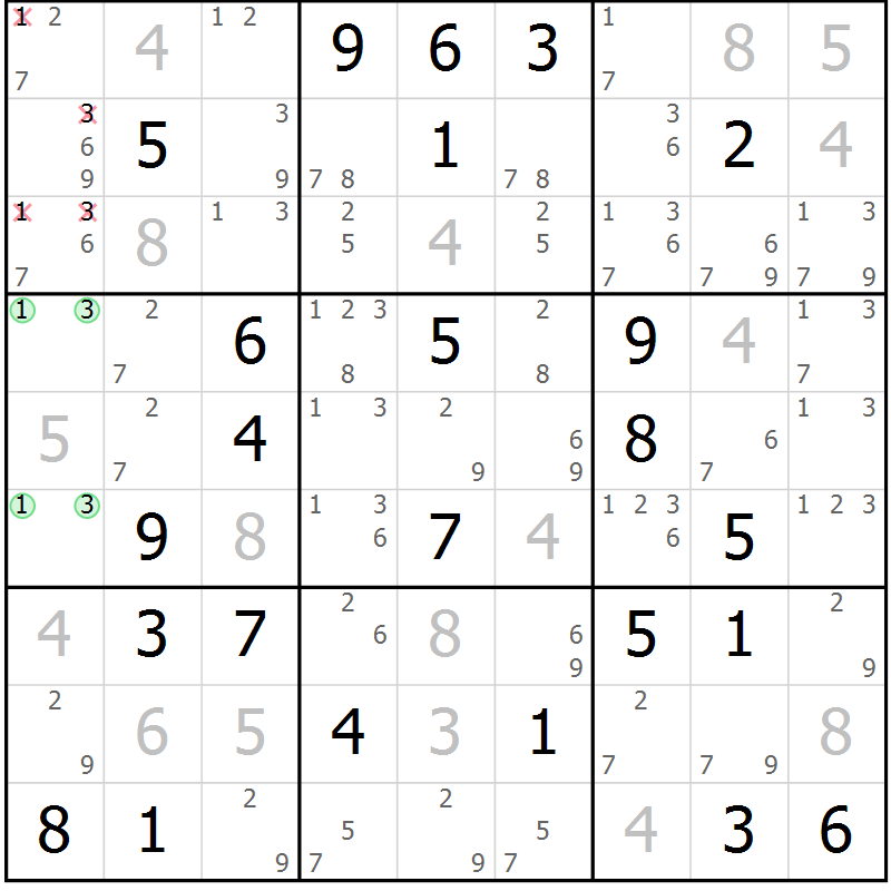 Position des candidats pour la solution de la Gr 42 page 45 du magazine de sudoku Maestro n° 104