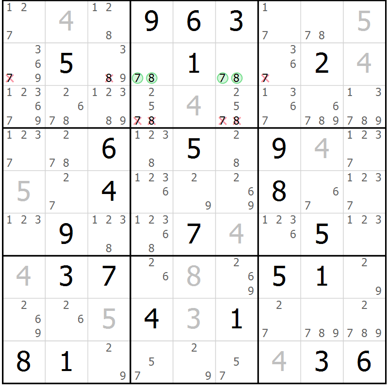 Position des candidats pour la solution de la Gr 42 page 45 du magazine de sudoku Maestro n° 104