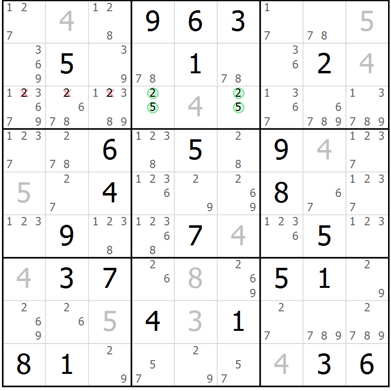Position des candidats pour la solution de la Gr 42 page 45 du magazine de sudoku Maestro n° 104